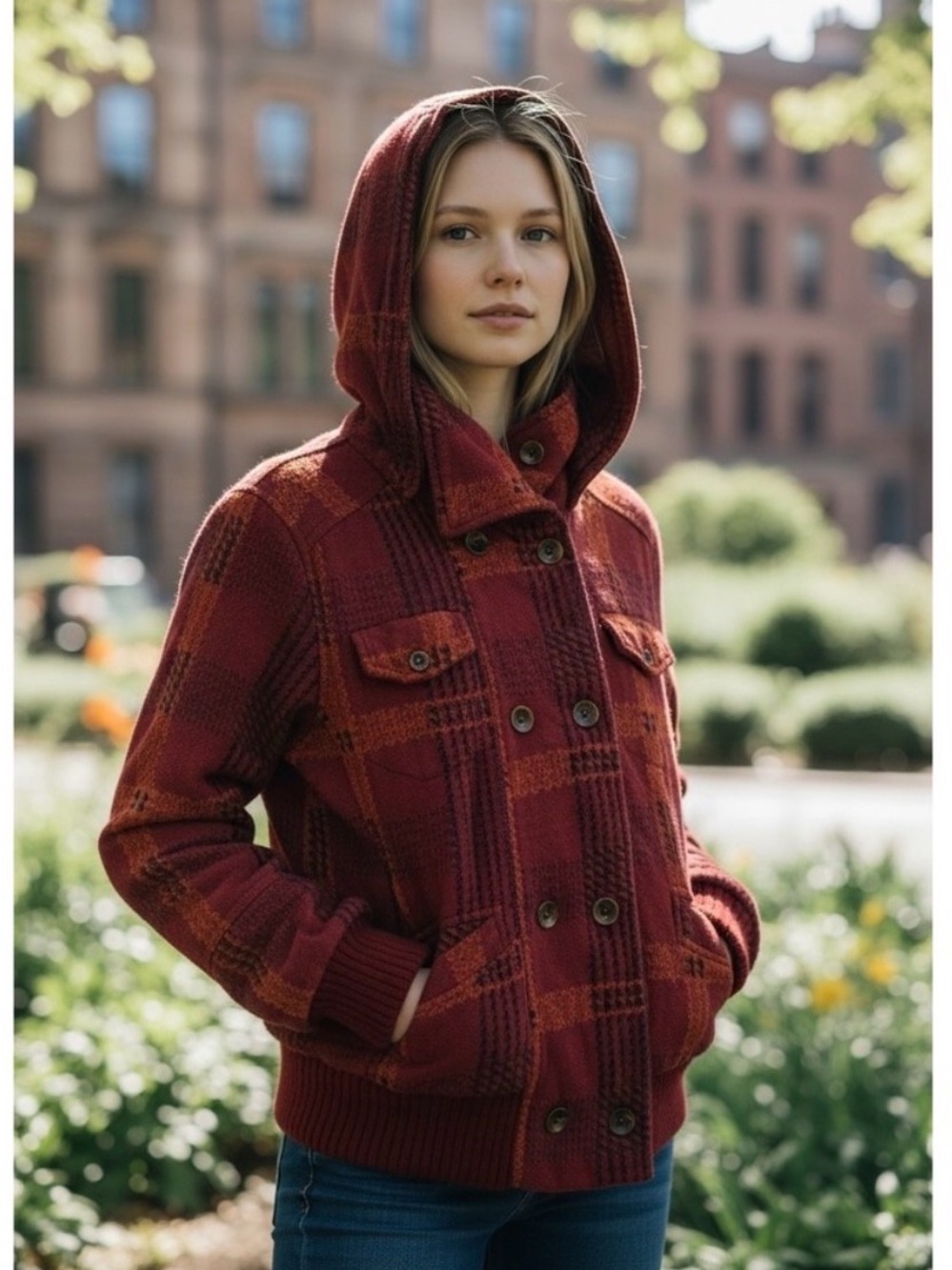 Hurley Women's Burgundy Plaid Hooded Bomber Jacket
